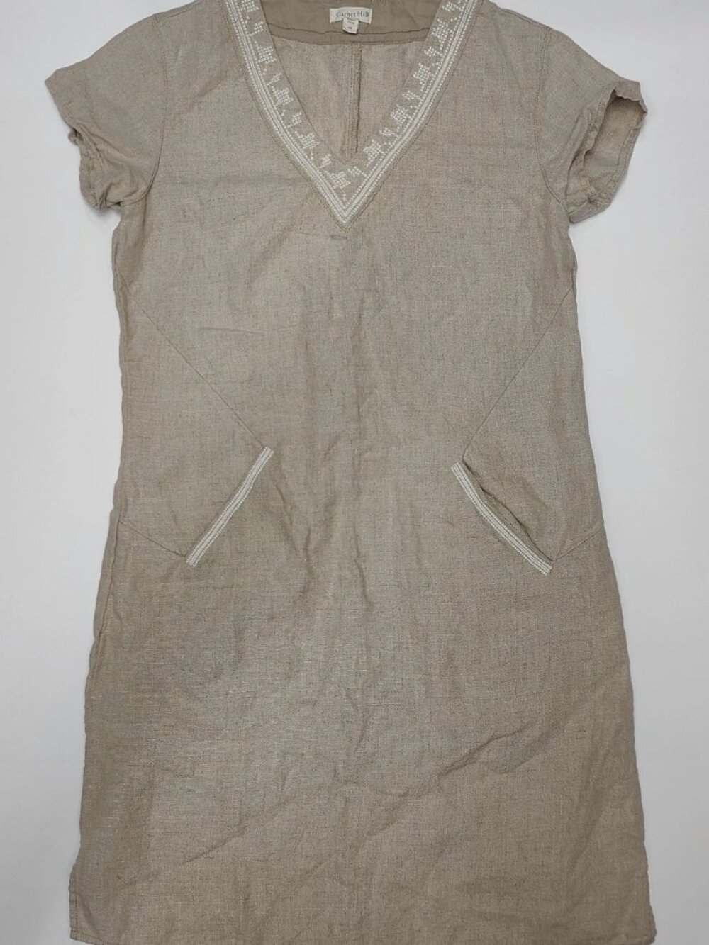 Garnet Hill Womens 2 Sand Linen Embroidered V Neck Short Sleeve Dress Pockets